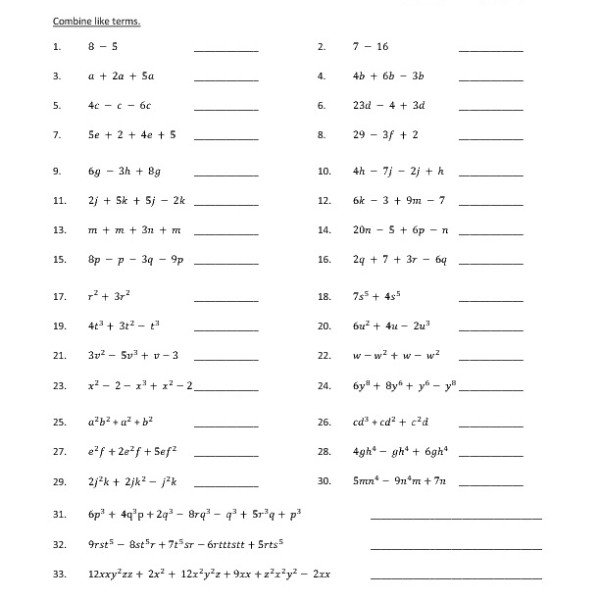 Eighth Grade Combining Like Terms Worksheet 05 â One Page Worksheets
